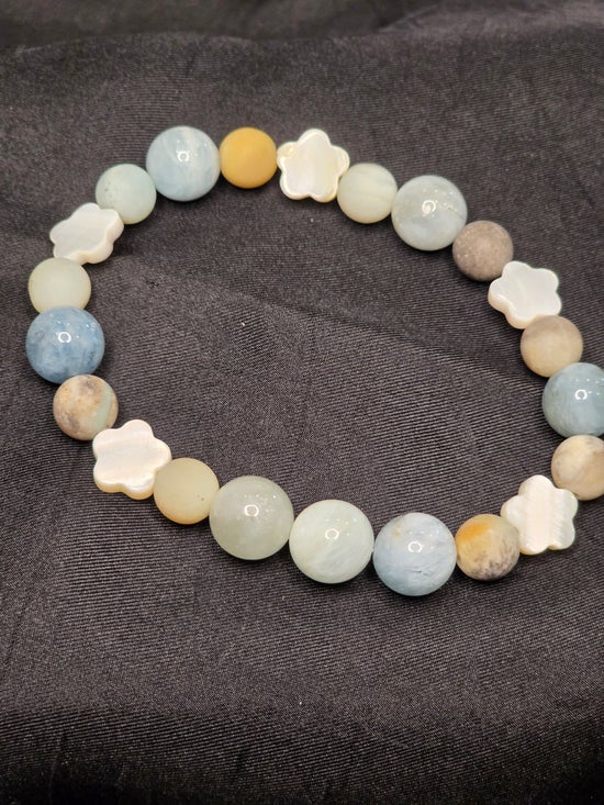 Amazonite, Aquamarine, and Shell Bracelet
